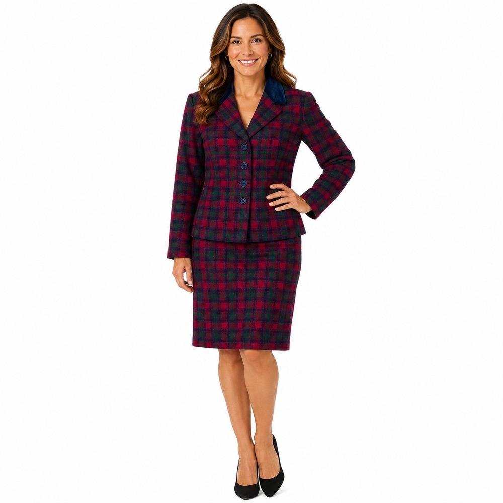 Pendleton Skirt Suit Women 14P/16P Red Green Plaid Wool Velvet Collar USA